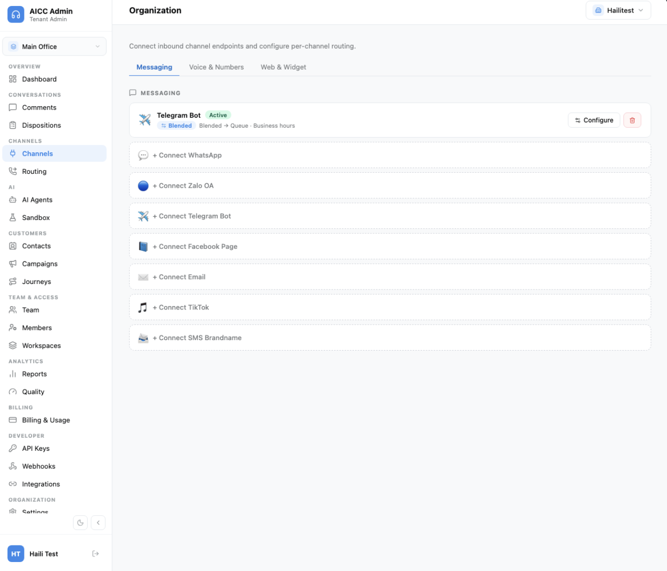 Khu vực Organization → Channels → Messaging