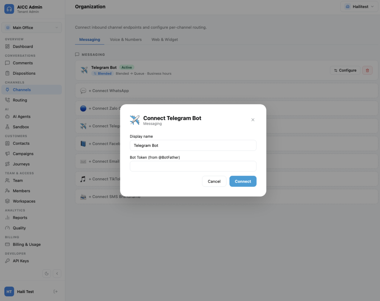 Modal Connect Telegram Bot gồm Display name và Bot Token