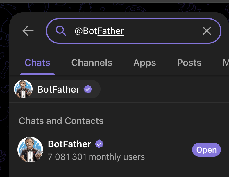 Tìm đúng tài khoản @BotFather trên Telegram